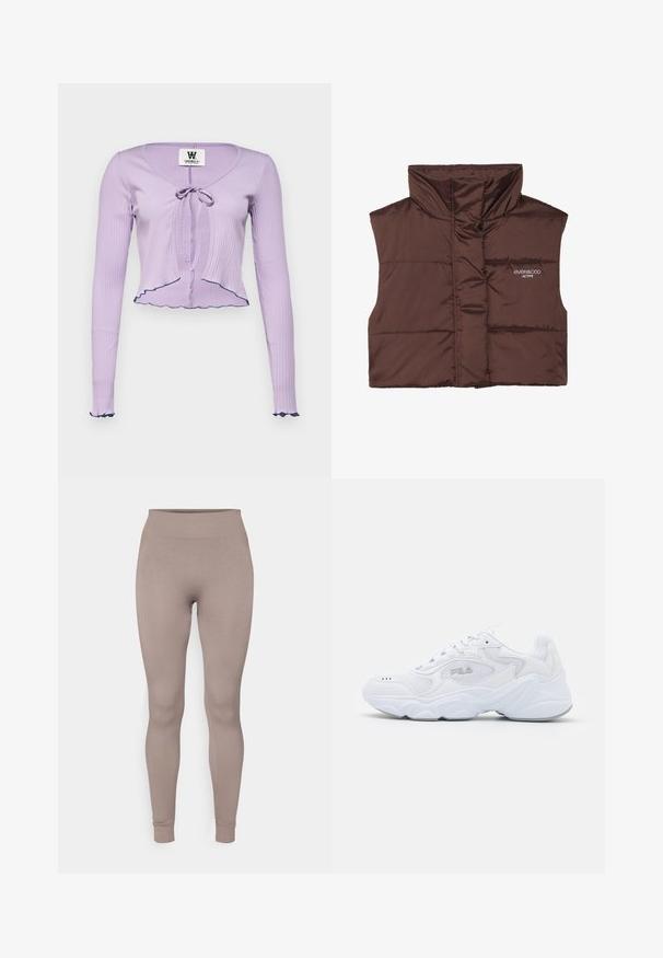 Smešani smešano smešani prsluk smešano bez rukava sa visokim ovratnikom, sa prednjim zatvaračem i ušivenim logom s lijeve strane. Glatka, sjajna tekstura.; Ljubičasti rebrasti dukserica s dugim rukavima, s V-izrezom, prednjim vezivanjem i volanima na donjem rubu i rukavima ukrašenim tamnoplavim obrubom.; Rebraste tajice u mekoj taupe boji, s visokim strukom, uskim krojem i suženim gležnjevima. Izrađene od teksturiranog, rastezljivog materijala.; Bijela atletska cipela s teksturiranim mrežastim gornjim dijelom, podstavljenim ovratnikom i debelim potplatom. Ima logotip sa strane i vezanje na vezice.