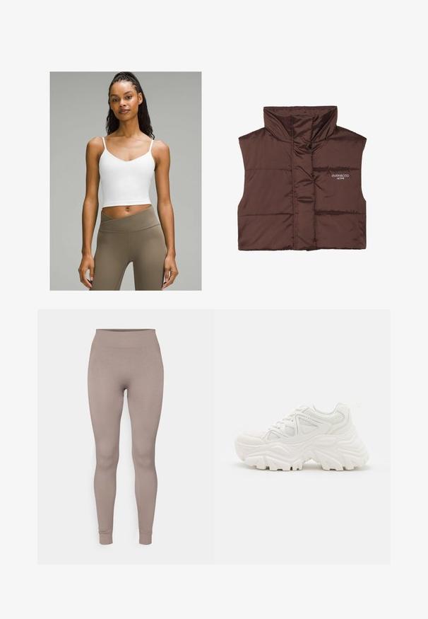 Braune gepolsterte ärmellose Weste mit hohem Kragen, ausgestattet mit einem Reißverschluss vorne und eingesticktem Logo-Detail auf der linken Seite. Glatte, glänzende Textur.; Weißes, bauchfreies Tanktop mit dünnen Trägern und V-Ausschnitt. Kombiniert mit hochgeschnittenen, hellbraunen Leggings. Glatte Stofftextur.; Gestreifte Leggings in einem sanften Taupe-Farbton, mit hohem Bund, schmaler Passform und tapered Beinen. Hergestellt aus einem strukturierten, dehnbarem Stoff.; Weiße klobige Sneakers mit strukturiertem Obermaterial, Mesh-Einsätzen und dicken Gummisohlen mit markantem Profil. Inklusive Schnürsenkeln und Zuglasche.