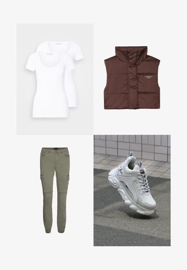 Brun vadderad ärmlös väst med hög krage, med dragkedja framtill och inbrottat logotypdetalj på vänster sida. Slät, glänsande yta.; Två vita kortärmade t-shirts med rundad halsringning, tillverkade av slätt tyg, med en figurnära design och utan synliga mönster eller accenter.; Olivgrön cargobyxor i hållbar bomullsblandning med smalnande avslut, flera fickor och knäveck för ökad rörlighet.; Vit sneaker med nät- och lädermaterial, rund tå, tjock sula, framträdande snören och branding på hälen och tungan.