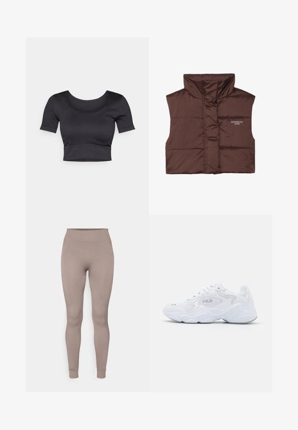 Vesta bej cu umplutură, fără mâneci și cu guler înalt, având un fermoar frontal și detalii logo cusute pe partea stângă. Textură netedă și lucioasă.; Top crogat negru cu nervuri, cu mâneci scurte, guler larg rotund și o bandă ajustată la baza acestuia. Textură moale, design casual.; Colanți cu textură în nuanță moale de taupe, cu un talie înaltă, tăiere slim și glezne tapered. Fabrică dintr-un material texturat și elastic.; Să nu îți lipsească adidașii albi cu un superior din plasă texturată, guler captusit și talpă chunky. Acestea au un logo pe lateral și sistem de prindere cu șireturi.