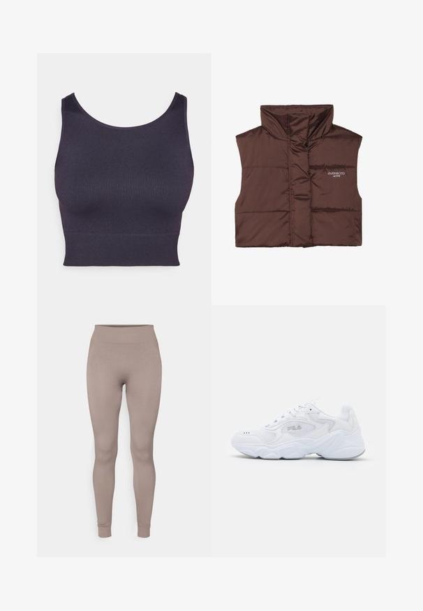 Pruun polsterdatud ilma varrukateta vest kõrge kaelusega, millel on külje peal luku ees ja õmmeldud logo detail. Sile, läikiv tekstuur.; Tume lilla spordibrasi, mis on valmistatud ribakudumist, ümarate kraega ja sobiva, lühikese disainiga. Sile tekstuur, ilma nähtava riistvarata.; Ribidega retuusid pehmes taupe värvitoonis, millel on kõrge vöökoht, kitsas lõige ja kitsenevad pahkluud. Valmistatud tekstuurilisest, venitatavast kangast.; Valge spordijalats tekstuuriga pealmise osaga, pehmendatud kraega ja paksu tallaga. Küljele on pandud logo ja see on kinnitatud paeltega.