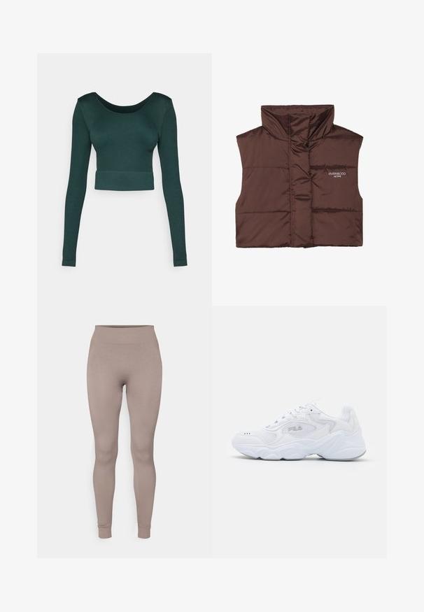 Smešani smešano smešani prsluk smešano bez rukava sa visokim ovratnikom, sa prednjim zatvaračem i ušivenim logom s lijeve strane. Glatka, sjajna tekstura.; Tamnozeleni skraćeni dugorukavi top od rebraste tkanine s širokim izrezom i uskim rubom. Nema uzoraka ili ukrasa.; Rebraste tajice u mekoj taupe boji, s visokim strukom, uskim krojem i suženim gležnjevima. Izrađene od teksturiranog, rastezljivog materijala.; Bijela atletska cipela s teksturiranim mrežastim gornjim dijelom, podstavljenim ovratnikom i debelim potplatom. Ima logotip sa strane i vezanje na vezice.