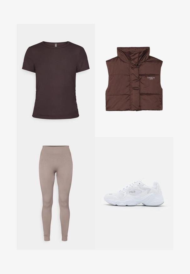 Braune gepolsterte ärmellose Weste mit hohem Kragen, ausgestattet mit einem Reißverschluss vorne und eingesticktem Logo-Detail auf der linken Seite. Glatte, glänzende Textur.; Braunes T-Shirt mit kurzen Ärmeln aus geripptem Stoff, runder Halslinie und figurbetontem Schnitt, mit dezenten seitlichen Raffungen.; Gestreifte Leggings in einem sanften Taupe-Farbton, mit hohem Bund, schmaler Passform und tapered Beinen. Hergestellt aus einem strukturierten, dehnbarem Stoff.; Weißer Sportschuh mit einem strukturierten Mesh-Obermaterial, gepolstertem Schaft und klobiger Sohle. Verfügt über ein Logo an der Seite und eine Schnürung.