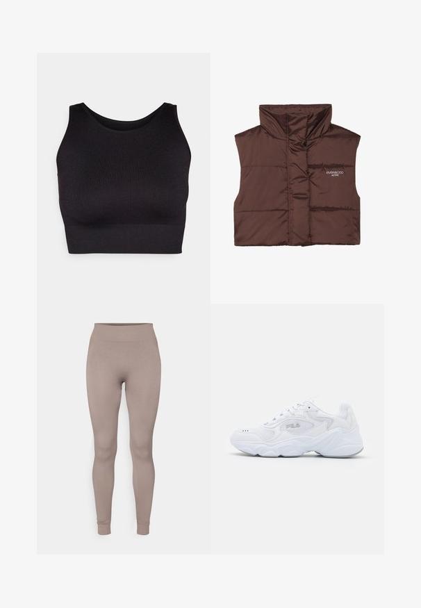 Pruun polsterdatud ilma varrukateta vest kõrge kaelusega, millel on külje peal luku ees ja õmmeldud logo detail. Sile, läikiv tekstuur.; must have ribidega crop-top kõrge kaelusega ja laia käeaukudega, pehme ja veniv kangas mugavuseks ning sujuv disain.; Ribidega retuusid pehmes taupe värvitoonis, millel on kõrge vöökoht, kitsas lõige ja kitsenevad pahkluud. Valmistatud tekstuurilisest, venitatavast kangast.; Valge spordijalats tekstuuriga pealmise osaga, pehmendatud kraega ja paksu tallaga. Küljele on pandud logo ja see on kinnitatud paeltega.