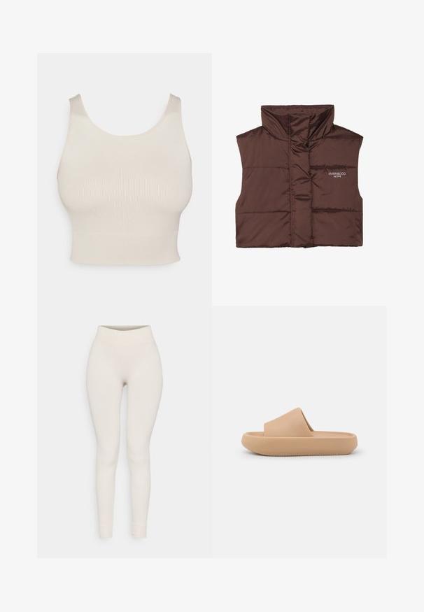 Brązowa, pikowana kamizelka bez rękawów z wysokim kołnierzem, z zamkiem z przodu i naszytą logotypem po lewej stronie. Gładka, błyszcząca faktura.; Beżowy prążkowany crop top z szerokimi ramiączkami, okrągłym dekoltem i dopasowanym wcięciem w talii. Tekstura jest gładka, z elastycznego, lekkiego materiału.; Dopasowane legginsy w kolorze beżowym, z wysokim stanem i dopasowanym krojem. Gładka faktura, zwężane nogawki i wykończenia w mankiety.; Brązowe klapki z grubym, teksturowanym paskiem i zaokrągloną podeszwą. Wyróżniają się gładkim wykończeniem oraz fakturowanym spodem dla lepszej przyczepności.
