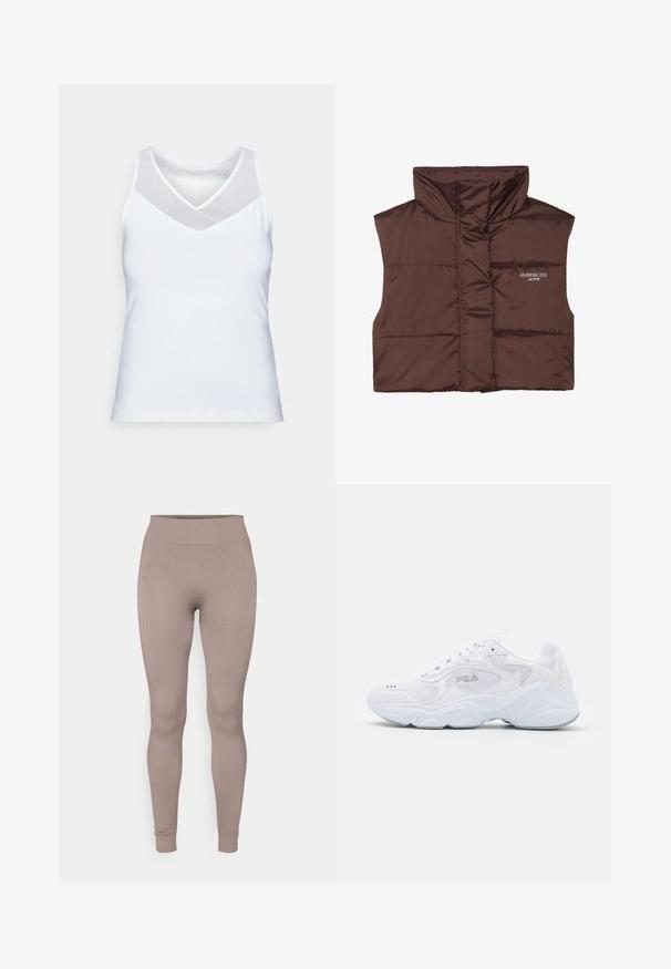 Brūns polsterēts bezpiedurkņu žakets ar augstu apkakli, ar rāvējslēdzēju priekšpusē un iešūtu logo detaļu kreisajā pusē. Gluda, spīdīga tekstūra.; Balta bezpiedurkņu blūze, izgatavota no gludas auduma, ar V formas dekoltē un caurspīdīgu mežģīņu detaļu uz pleciem. Vienkāršs un pieguļošs dizains.; Ribotas legingi maigos taupe krāsā, ar augstu jostu, piegulošu piegriezumu un sašaurinātiem potītes galiem. Izgatavoti no teksturēta, elastīga auduma.; Baltā sportiskā apava ar struktūrētu tekstila virsu, mīkstu apkakli un masīvu zoli. Iezīmēta ar logotipu sānos un auklām.