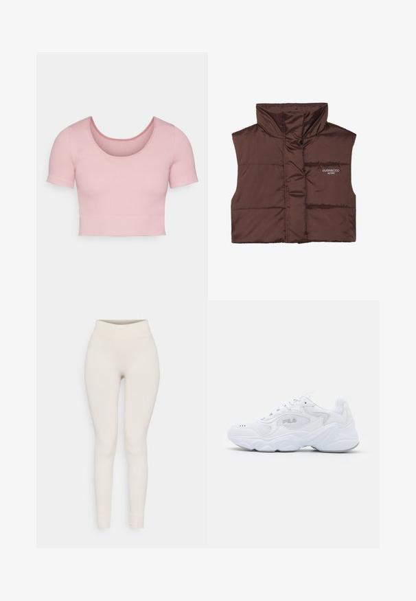 Vesta bej cu umplutură, fără mâneci și cu guler înalt, având un fermoar frontal și detalii logo cusute pe partea stângă. Textură netedă și lucioasă.; Top scurt cu mânecă scurtă, de culoare roz, cu un guler rotund și o siluetă ajustată. Textură netedă, cu un design curat și simplu.; Leggings striate în bej, cu un talie înaltă și un design ajustat. Textură netedă, cu picioare conice și margini manșonate.; Să nu îți lipsească adidașii albi cu un superior din plasă texturată, guler captusit și talpă chunky. Acestea au un logo pe lateral și sistem de prindere cu șireturi.