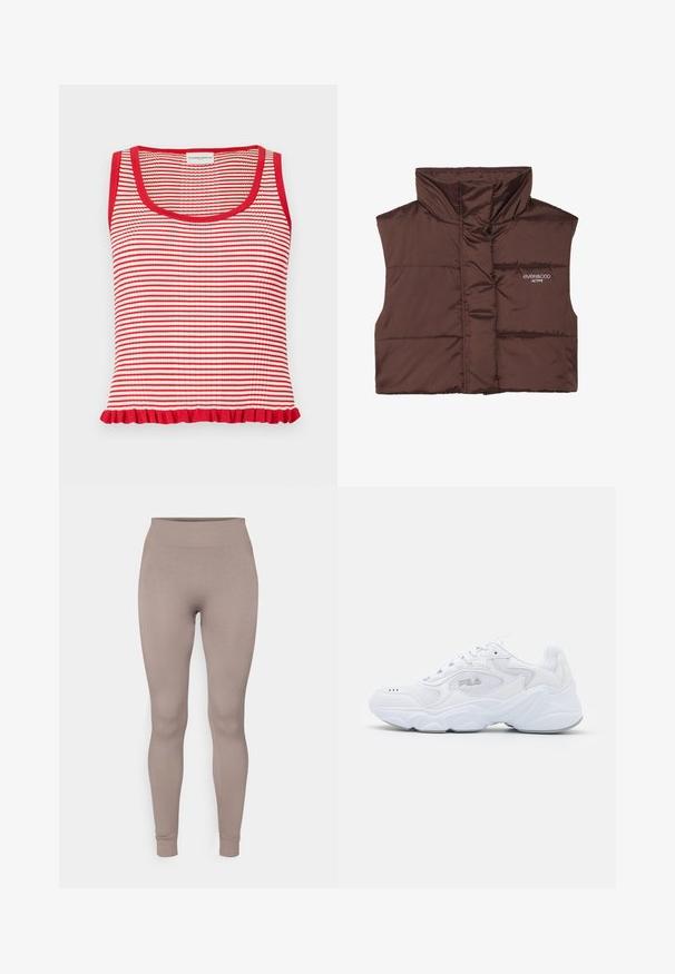 Brūns polsterēts bezpiedurkņu žakets ar augstu apkakli, ar rāvējslēdzēju priekšpusē un iešūtu logo detaļu kreisajā pusē. Gluda, spīdīga tekstūra.; Sarkana un balta svītrota bezmugurkaulaina blūze ar ribotu struktūru un viļņotu maliņu. Tai ir apaļš izgriezums un platas plecu siksnas.; Ribotas legingi maigos taupe krāsā, ar augstu jostu, piegulošu piegriezumu un sašaurinātiem potītes galiem. Izgatavoti no teksturēta, elastīga auduma.; Baltā sportiskā apava ar struktūrētu tekstila virsu, mīkstu apkakli un masīvu zoli. Iezīmēta ar logotipu sānos un auklām.