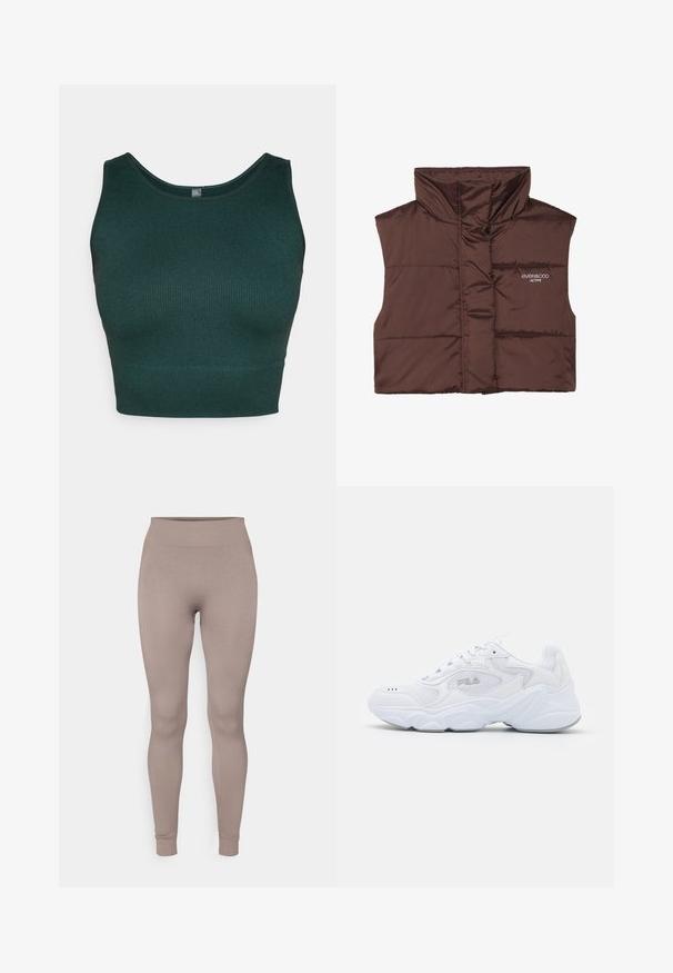 Smešani smešano smešani prsluk smešano bez rukava sa visokim ovratnikom, sa prednjim zatvaračem i ušivenim logom s lijeve strane. Glatka, sjajna tekstura.; Tamnozeleni rebrasti skraćeni top s okruglim izrezom i širokim trakama, izrađen od teksturiranog pletenog materijala.; Rebraste tajice u mekoj taupe boji, s visokim strukom, uskim krojem i suženim gležnjevima. Izrađene od teksturiranog, rastezljivog materijala.; Bijela atletska cipela s teksturiranim mrežastim gornjim dijelom, podstavljenim ovratnikom i debelim potplatom. Ima logotip sa strane i vezanje na vezice.