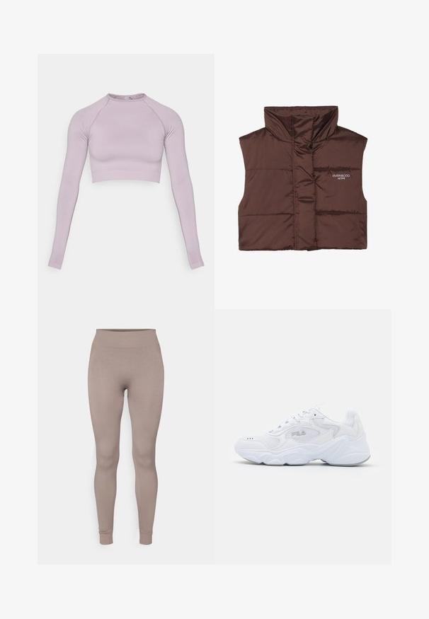 Brun polstret ermeløs vest med høy krage, med glidelås foran og sydd inn logo-detalle på venstre side. Glatt, blank tekstur.; Lavendel langermet cropped topp laget av elastisk materiale. Har rund halsringning og ribbestrikket kant. Glatt tekstur med tettsittende design.; Ribbestrømper i en myk taupe-farge, med høy midje, slim fit og avsmalnede ankler. Laget av et strukturert, elastisk stoff.; Hvite joggesko med et strukturert mesh-overdel, polstret krage og tykk såle. Har en logo på siden og snøring.
