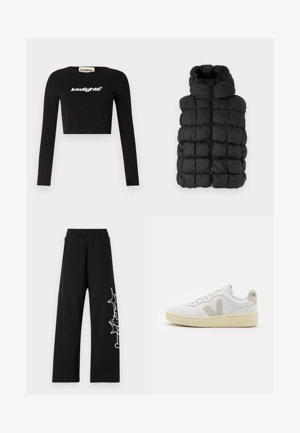Fekete puffervállú mellény kapucnival, steppelt kialakítással, cipzáros záródással és vastag töltettel a melegségért. Sima, vízálló anyag.; Krém színű, hosszú ujjú cipzáros felső magas gallérral. Fekete logó található a mellkason, és az anyag sima tapintású, testhez simuló fazonú.; Fekete, rövid fazonú, hosszú ujjú póló, amely pamutból készült. Kerek nyakú, és fehér "lowlights" logóval rendelkezik a mellkasán.; Fekete, széles szárú melegítőnadrág, elasztikus derékkal, oldalsó zsebekkel és fehér grafikai mintával a bal lábon. Puha anyagból készült.; Fehér bőr sneaker bézs velúr részletekkel, perforált orr résszel, lapos fűzőkkel és textúrált krémszínű talppal. Finom márkajelzés található a sarkán.