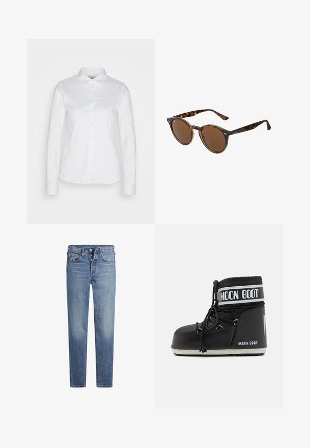 Zwarte gewatteerde vest met een gladde textuur, een geborduurd ontwerp en een ronde zwarte logo-opdruk met reliëflettertype.; Witte langwerpige blouse met knopen en een brede kraag, gemaakt van een gladde katoenstof met een afgeronde zoom. De stof heeft een lichte glans.; Lichtblauwe denim jeans met een slim fit, vijf-pocket ontwerp, knoopsluiting en vervagingdetails op de benen. Klassieke stiksels accentueren het geheel.; Zwarte Moon Boot met een gevoerde bovenkant, bevestigd met veters en een kenmerkende witte band met het logo. Dikke, gestructureerde rubberen zool.; Ronde zonnebrillen met een schildpadprint kunststof montuur, bruine lenzen en metalen accenten aan de voorkant. Slanke veren met een gepolijste afwerking.