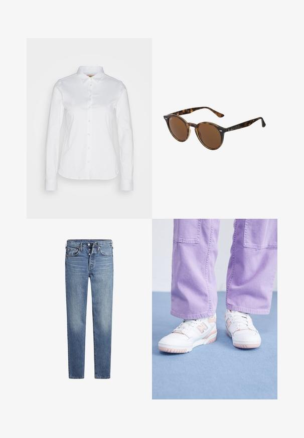 Chaleco acolchado negro con una textura suave, diseño acolchado y una etiqueta circular negra con letras en relieve.; Camisa blanca de manga larga con botones y cuello extendido, que presenta una suave tela de algodón y un dobladillo redondeado. La tela tiene un ligero brillo.; Jeans de mezclilla azul claro con un ajuste Slim, diseño de cinco bolsillos, cierre de botón y detalles de desgaste en las piernas. Acentos de costura clásica.; Zapatillas blancas con acentos rosas, parte superior de cuero texturizado y suela de goma, combinadas con pantalones de pierna ancha de color púrpura claro sobre una superficie azul.; Gafas de sol redondas con montura de plástico de carey, lentes marrones y acentos metálicos en la parte frontal. Patillas delgadas con acabado pulido.