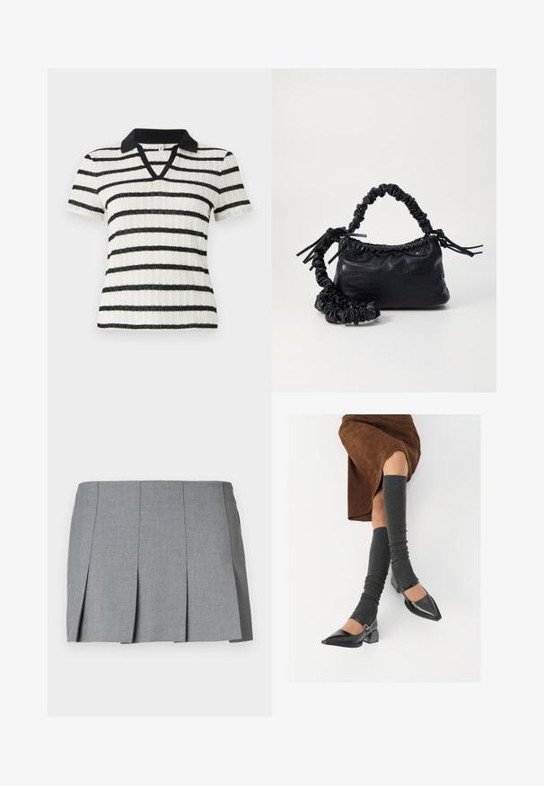 Kremasta pletena prsluk s V-izrezom, koji ima uzorke kabelnog pletenja, kratke rukave i rebrasti rub. Mekana tekstura i robusni dizajn.; Bijela majica kratkih rukava s crnim horizontalnim prugama i crnim polo ovratnikom. V-izrez s rebrastom teksturom.; Siva plisirana suknja s glatkom teksturom, strukturnim dizajnom i prilagođenim strukom. Izrađena je od laganog materijala s suptilnim uzorkom.; Crne lakirane cipele s šiljastim prstima, blok-petom i remenom oko gležnja, uparene s sivim rebrastim čarapama do koljena i smešnom suknjom od antilopa.; Crna torba od umjetne kože s teksturom krokodila, s cinčanim vrhom i naboranom trakom. Izgleda mekano i kompaktno u dizajnu.