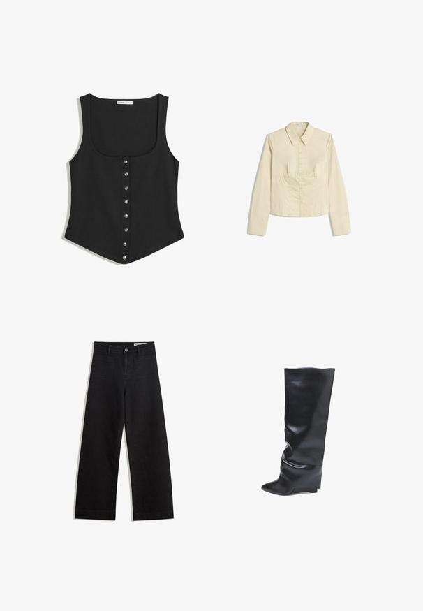 Zwarte zonder mouwen tanktop in een slim fit ontwerp, met een ronde halslijn en een rij zilveren drukknopen aan de voorkant. Zachte stof.; Beige blouse met lange mouwen en knopenrij, voorzien van een puntige kraag en een getailleerde naad, plat gelegd op een witte achtergrond.; Zwarte denim broek met wijde pijpen en een hoge taille, voorzien van voor- en achterzakken, gestikte naden en een knoopsluiting. Gladde textuur.; Bata Laarzen met sleehak - nero