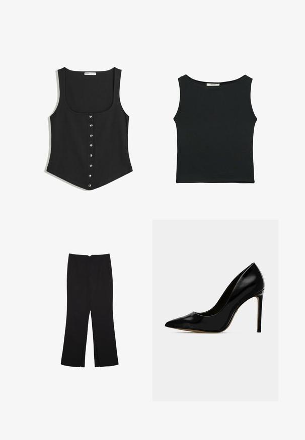 Čierny bezramienkový top s priliehavým strihom, so zaobleným výstrihom a radom strieborných patentiek na prednej strane. Mäkka látka.; Čierny bezrukávový top vyrobený z hladkej tkaniny, s okrúhlym výstrihom a priliehavým strihom bez viditeľných vzorov alebo ozdôb.; Čierne nohavice so strihom rovného strihu, s prednými vreckami a bočnými rozparkami na leme. Vyrobené z mäkkej, hladkej tkaniny. Vhodné na rôzne príležitosti.; Čierne lakované kožené vysoké podpätky s špicatou špičkou a elegantným dizajnom, s 10 cm stiletto podpätkom a hladkým, lesklým povrchom.