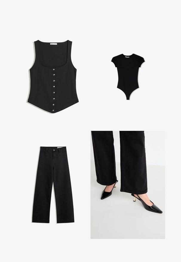 Black sleeveless tank top in a fitted design, featuring a rounded neckline and a row of silver snap buttons down the front. Soft fabric.; Black short-sleeve bodysuit with a rounded neckline and high-cut leg openings, made from a smooth, stretchy fabric.; Black wide-leg denim pants with a high waist, featuring front and back pockets, stitched seams, and a button closure. Smooth texture.; Simmi London JUNE - Classic heels - black