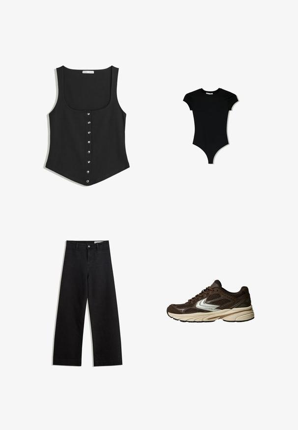 Black sleeveless tank top in a fitted design, featuring a rounded neckline and a row of silver snap buttons down the front. Soft fabric.; Black short-sleeve bodysuit with a rounded neckline and high-cut leg openings, made from a smooth, stretchy fabric.; Black wide-leg denim pants with a high waist, featuring front and back pockets, stitched seams, and a button closure. Smooth texture.; Brown athletic shoe featuring mesh panels, a white accent design, a cushioned rubber sole, and a textured fabric upper for breathability.