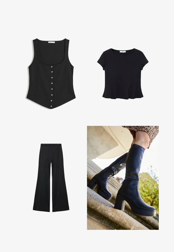 Zwarte zonder mouwen tanktop in een slim fit ontwerp, met een ronde halslijn en een rij zilveren drukknopen aan de voorkant. Zachte stof.; Zwarte korte mouwen top van zacht materiaal, met een ronde halslijn en een uitlopende onderkant met subtiele naaddetail. ; Zwarte wijde-pijpen broek met een gladde textuur, gekenmerkt door voorplooien en een op maat gemaakte uitstraling. De stof is lichtgewicht en vloeiend.; mtng NEW - Plateaulaarzen - black