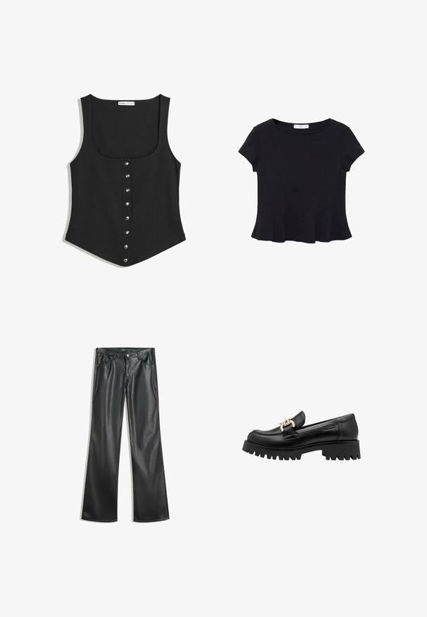 Black sleeveless tank top in a fitted design, featuring a rounded neckline and a row of silver snap buttons down the front. Soft fabric.; Black short-sleeve top made of soft fabric, featuring a rounded neckline and a flared hem with subtle seam detailing.; Black faux leather flared pants with a smooth texture, five-pocket design, front zipper, and contrasting stitching.; Black leather loafer with a chunky rubber sole featuring a decorative gold chain accent on the front. Smooth texture with a rounded toe.