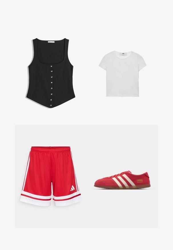 Čierny bezramienkový top s priliehavým strihom, so zaobleným výstrihom a radom strieborných patentiek na prednej strane. Mäkka látka.; Biele tričko s krátkym rukávom a okrúhlym výstrihom, vyrobené z mäkkého bavlneného materiálu, s jednoduchým a čistým dizajnom bez viditeľných vzorov alebo doplnkov.; Červené športové šortky s elastickým pásom, biele bočné pásky a biele detaily na okraji. Obsahujú logo Adidas v bielej farbe.; Červené semišové tenisky s bielym trojpruhovým dizajnom, plochou podrážkou a zlatým logom. Nízky strih s okrúlou špičkou a šnurovaním.