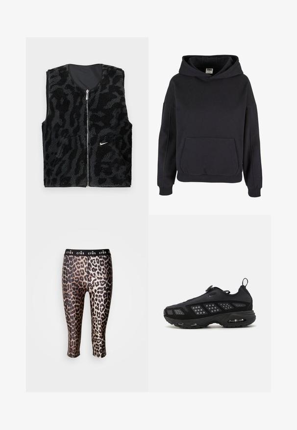 Musta fleece-liivi, jossa on vetoketju edessä, tekstuurilla varustettu eläinkuosilla ja pieni valkoinen Nike-logo vasemmalla puolella.; Musta puuvillapusero, jossa on tilava kengurupocket, suuri huppu, ribbikuvioidut hihansuut ja helma. Yksinkertainen, pään yli vedettävä malli ilman näkyviä kuvioita.; Lyhyet legginsit, jotka on valmistettu joustavasta kankaasta ja joissa on musta ja kultainen leopardikuosi sekä musta elastinen vyötärö.; Musta urheilukenkä, jossa on pehmustettu pohja, verkkomateriaali ja tekstuuriset yksityiskohdat. Varustettu vetolenkillä ja pyöreällä kiinnityksellä päällä.