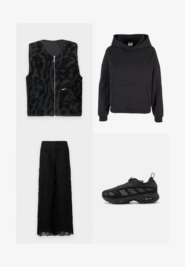 Black fleece vest with a zip front, featuring a textured, animal print design and a small white Nike logo on the left side.; Black cotton hoodie with a spacious kangaroo pocket, large hood, ribbed cuffs, and hem. Simple, pullover design with no visible patterns.; Black lace culottes featuring floral patterns, wide-leg design, and a scalloped hem. Made from lightweight, textured lace material.; Black athletic shoe featuring a cushioned sole, mesh upper, and textured accents. Includes a pull tab and circular fastener on top.