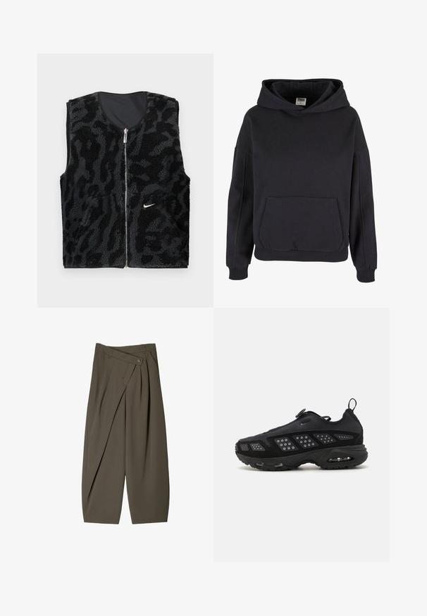 Zwart fleece vest met een ritssluiting aan de voorkant, voorzien van een textuur en een dierenprint ontwerp en een klein wit Nike-logo aan de linkerkant.; Zwarte katoenen hoodie met een ruime kangoeroezak, grote capuchon, geribde manchetten en zoom. Eenvoudig ontwerp om over te trekken zonder zichtbare patronen.; Ruime broek in donkergroen stof, met een geplooide voorkant, een knoopsluiting en een gepolijste, gestructureerde afwerking.; Zwarte sportschoen met een gevoerde zool, bovenwerk van mesh en textuuraccenten. Inclusief een trekstaaf en ronde sluiting bovenop.