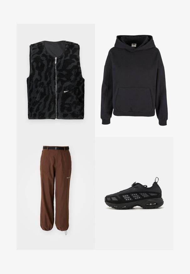 Svart fleeceväst med dragkedja framtill, som har en texturerad djurmönstrad design och en liten vit Nike-logotyp på vänster sida.; Svart bomullshuva med en rymlig känguruficka, stor huva, ribbade ärmslut och nederkant. Enkel, huvtröja design utan synliga mönster.; Columbia BREA FALLS™ PANT - Friluftsbyxor - tobacco; Svart atletisk sko med en dämpad sula, ovandel i nät och texturerade detaljer. Inkluderar en dragflik och en cirkulär fästanordning på toppen.