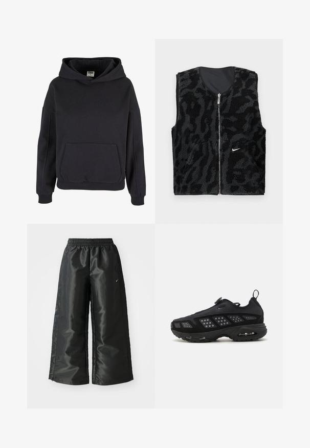 Fekete bolyhos mellény cipzárral, textúrált, állatmintás dizájnnal, a bal oldalon egy kis fehér Nike logóval.; Fekete pamut kapucnis pulóver tágas kenguruzsebbal, nagy kapucnival, bordás mandzsettákkal és szegéllyel. Egyszerű, pulóver dizájn, látható minták nélkül.; Fekete sportnadrág fényes, sima anyagból, rugalmas derékkal, széles lábakkal és egy kis logóval a bal oldalon.; Fekete sportcipő párnázott talppal, hálós felsőrésszel és texturált részletekkel. Húzófüllel és kör alakú záróelemmel rendelkezik a tetején.