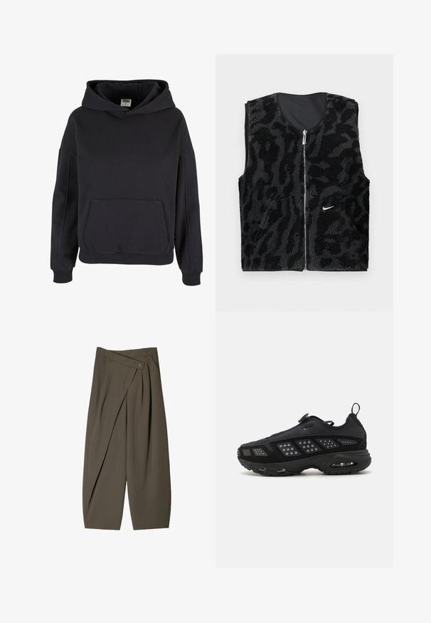 Gilet in fleece nero con chiusura a zip, caratterizzato da un design a motivo animale testurizzato e un piccolo logo bianco Nike sul lato sinistro.; Felpa nera in cotone con una spaziosa tasca a marsupio, cappuccio ampio, polsini e orlo a coste. Design semplice, da infilare, senza motivi visibili.; Pantaloni larghi in tessuto verde oliva scuro, con un design frontale plissettato, chiusura con bottone e una superficie lucida e strutturata.; Scarpa da ginnastica nera con suola ammortizzata, tomaia in rete e dettagli testurizzati. Include un manico e un fermaglio circolare nella parte superiore.