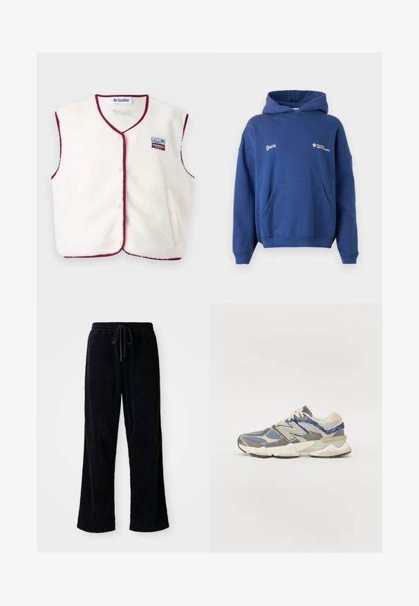 Creme fleece vest med mørkerød kant, V-halsdesign, trykknaplukninger og et broderet logo-patch. Blød tekstur, ærmeløs stil.; Mørkeblå hoodie i blød bomuld, med en frontlomme, ribbede manchetter og broderede logos på brystet. Afslappet, oversized pasform.; Sort fløjlsbukser med løs pasform, der har en elastisk talje og snøre. Strukturen er ribbet, og stoffet ser blødt ud.; Grå og blå sneakers med en struktureret overdel, der har mesh- og syntetiske materialer, en klodset sål, og hvid- og beige detaljer.