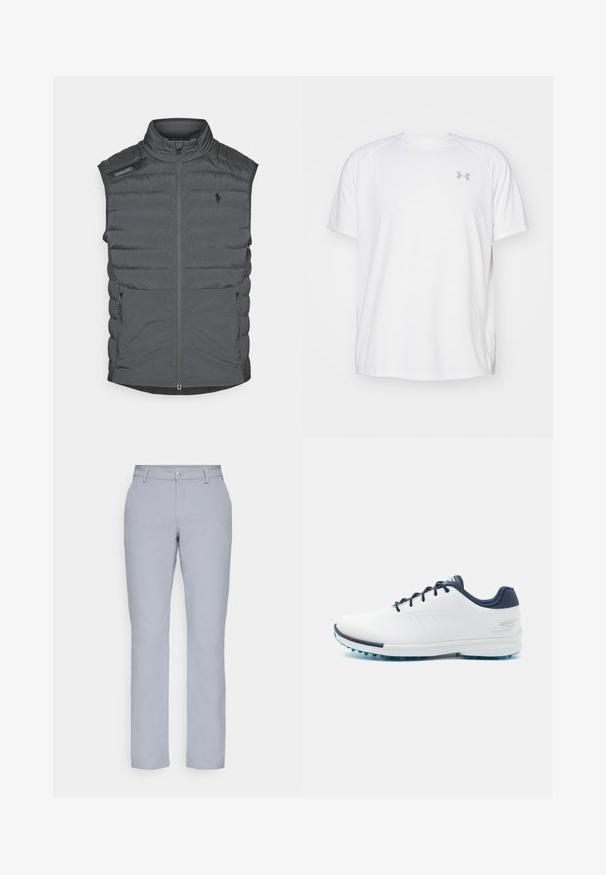 Pilkas pūkinis liemens švarkas su aukštu apykakle, užtrauktuko priekyje, pečių pleistru ir šoninėmis kišenėmis; pasižymi horizontaliu siuvimu, kuris suteikia tekstūros ir šilumos.; Balta trumpa rankovėmis sportinė marškinėliai, pagaminti iš lygaus audinio. Yra apvalus kaklas ir pilkas logotipas kairėje krūtinės pusėje, o apatinėje dalyje yra šoninės plyšiai.; Šviesiai pilkos kelnes su tiesiu kirpimu, mygtuko uždarymu, priekinėmis kišenėmis ir lygia, tekstūruota medžiaga. Minimalistinis dizainas, be raštų.; Balti sportiniai bateliai su lygiu sintetinės medžiagos paviršiumi, mėlynais akcentais, tekstūruotu tamsiai mėlynu kulnu ir lengvu, adatiniu padu geresniam sukibimui.