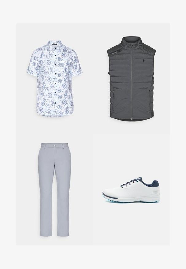 Gray puffer vest with a high collar, zippered front, shoulder patch, and side pockets; features horizontal stitching for texture and warmth.; Short-sleeve shirt in light blue fabric featuring a floral and circular pattern, button-up front, and pointed collar.; Light gray trousers with a straight cut, button closure, front pockets, and a smooth, textured fabric. Minimalist design, no patterns.; White athletic shoes with a smooth synthetic upper, blue accents, textured navy heel, and a lightweight, spiked sole for traction.