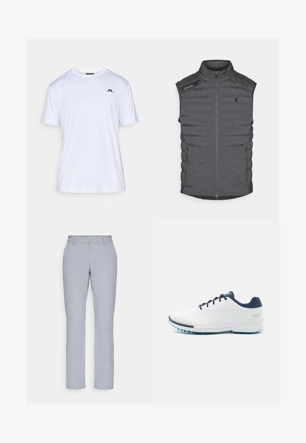 Γκρι γιλέκο πούφερ με ψηλό γιακά, φερμουάρ μπροστά, διακοσμητική τσέπη στον ώμο και πλαϊνές τσέπες; διαθέτει οριζόντια ραφή για υφή και ζεστασιά.; Λευκό κοντομάνικο t-shirt από απαλό ύφασμα, με ένα διακριτικό μαύρο λογότυπο στο αριστερό στήθος. Στρογγυλή λαιμόκοψη και άνετη γραμμή.; Ανοιχτό γκρι παντελόνι με ίσια γραμμή, κλείσιμο με κουμπί, μπροστινές τσέπες και απαλό, υφασμάτινο υλικό. Μινιμαλιστικός σχεδιασμός, χωρίς σχέδια.; Λευκά αθλητικά παπούτσια με λείο συνθετικό επάνω μέρος, μπλε λεπτομέρειες, υφασμάτινη ναυτική φτέρνα και ελαφρύ, επικαθισμένο πέλμα για πρόσφυση.