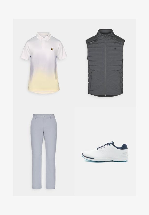 Szary kamizelka puchowa z wysokim kołnierzem, zamek błyskawiczny z przodu, naszywka na ramieniu i bocznymi kieszeniami; charakteryzuje się poziomym przeszyciem, które nadaje teksturę i ciepło.; Biała koszulka polo z żółtym gradientem na dolnej części, klasycznym kołnierzykiem i małym czarnym logo ptaka na lewej piersi.; Jasnoszare spodnie o prostym kroju, z zapięciem na guziki, kieszeniami z przodu oraz gładką, teksturowaną tkaniną. Minimalistyczny design, bez wzorów.; Białe buty sportowe z gładką syntetyczną cholewką, niebieskimi akcentami, teksturowanym granatowym obcasem i lekką, kolczastą podeszwą zapewniającą przyczepność.