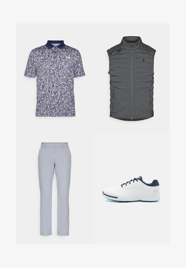 Šedý pufový vestáček s vysokým límcem, zipem vpředu, ramenní nášivkou a bočními kapsami; má horizontální prošití pro texturu a teplo.; Námořnická polo košile krátký rukáv s květinovým vzorem v růžové a bílé barvě. Má jednofarebný límec a malé logo na hrudi.; Světle šedé kalhoty s rovným střihem, zapínáním na knoflík, předními kapsami a hladkým, texturovaným materiálem. Minimalistický design, bez vzorů.; Bílé sportovní boty s hladkým syntetickým svrškem, modrými akcenty, texturovanou tmavě modrou patou a lehkou, hřebenovou podešví pro lepší přilnavost.