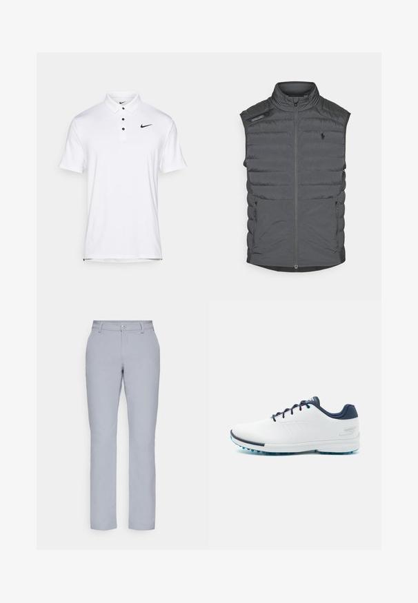 Sivý puffový vest s vysokým golierom, zipsom na prednej strane, nášivkou na ramene a bočnými vreckami; obsahuje horizontálne švy pre textúru a teplo.; Biely polo tričko Nike s klasickým golierom, tromi čiernymi gombíkmi a malým čiernym logom na hornej ľavej strane. Krátke rukávy, hladká textúra.; Svetlošedé nohavice s rovnými nohavicami, zapínaním na gombík, prednými vreckami a hladkým, štruktúrovaným materiálom. Minimalistický dizajn, bez vzorov.; Biele atletické topánky s hladkým syntetickým vrchom, modrými akcentmi, texturovaným námorníckym opätkom a ľahkou, hrotovanou podrážkou pre trakciu.