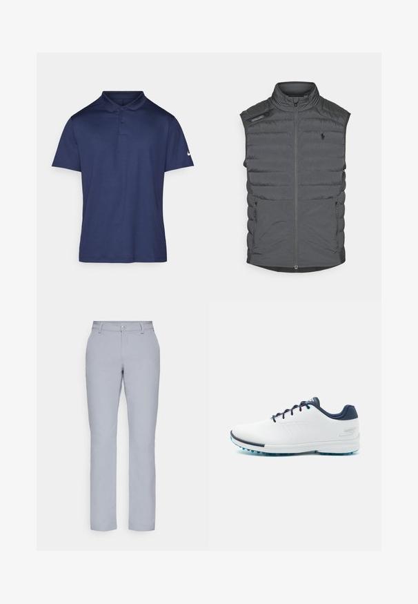 Harmaa puffervesti, jossa on korkea kaulus, vetoketjukiinnitys, olkatasku ja sivutaskut; siinä on vaakasaumointi tekstuurin ja lämmön lisäämiseksi.; Tummansininen polo-paita, joka on valmistettu sileästä kankaasta. Paidassa on kaulus, kolmesta napista koostuva napitus ja pieni valkoinen logo vasemmassa hihassa.; Harmaat suorat housut, nappikiinnitys, etutaskut ja sileä, teksturoitu kangas. Minimalistinen muotoilu, ilman kuvioita.; Valkoiset urheilukengät sileällä synteettisellä päällisellä, siniset yksityiskohdat, teksturoitu tummansininen kantapää ja kevyet, piikkiset pohjat pidon lisäämiseksi.