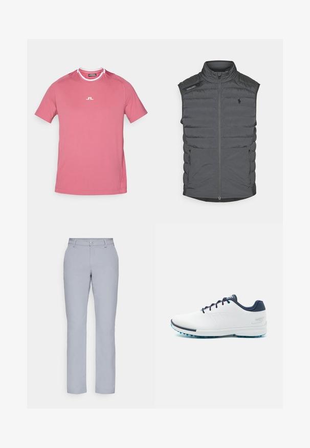 Szürke puffervest magas gallérral, cipzáras elejével, válltáblával és oldalsó zsebekkel; vízszintes varrással készült a textúra és a melegség érdekében.; Rövid ujjú, kerek nyakú póló világos rózsaszínben, fehér logóval a mellkasán és fehér díszítéssel a nyaknál. Simaság. ; Világosszürke nadrág egyenes szabással, gombos záródással, elülső zsebekkel és sima, texturált anyaggal. Minimalista dizájn, minta nélkül.; Fehér sportcipők sima szintetikus felsőrésszel, kék díszítéssel, texturált sötétkék sarokkal és könnyű, tüskés talppal a tapadás érdekében.