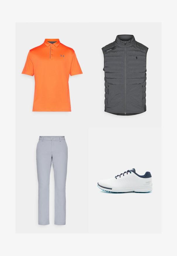 Gray puffer vest with a high collar, zippered front, shoulder patch, and side pockets; features horizontal stitching for texture and warmth.; Orange polo shirt with short sleeves, collared neckline, and three-button placket. Features a subtle texture and a small gray logo on the chest.; Light gray trousers with a straight cut, button closure, front pockets, and a smooth, textured fabric. Minimalist design, no patterns.; White athletic shoes with a smooth synthetic upper, blue accents, textured navy heel, and a lightweight, spiked sole for traction.