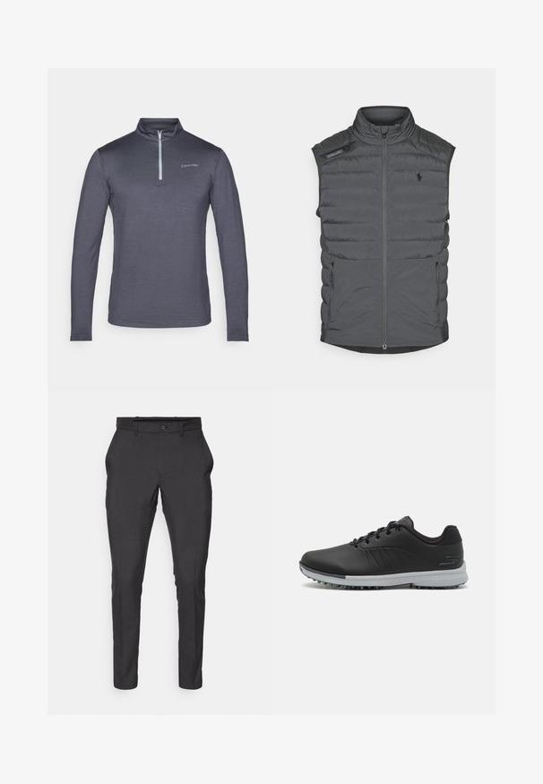 Pelēks pūkains veste ar augstu apkakli, rāvējslēdzēja priekšpusi, plecu uzlīmi un sānu kabatām; satur horizontālas šuves, kas piešķir tekstūru un siltumu.; Calvin Klein garums piedurknēm, ar rāvējslēdzēja kaklu, tumši pelēkā krāsā, izgatavots no gludas auduma; uz kreisā krūts ir minimāls logo.; J.LINDEBERG Sports ELOF PANT - Auduma bikses - black; Melna sintētiska golf apavi ar teksturētu augšējo daļu, auklu dizainu un pelēku zoles daļu ar uzgaļiem labākai saķerei.