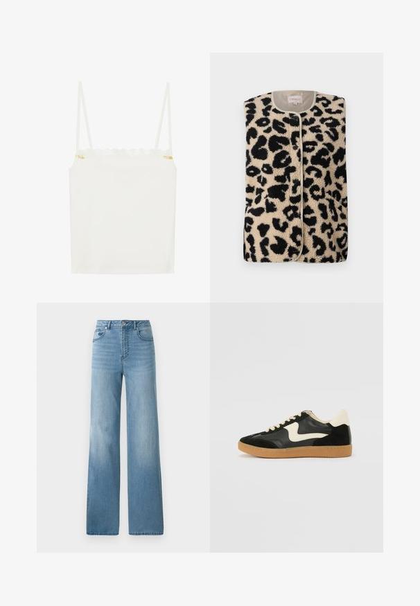 ONLY ONLBABY VEST - Smanicato - pumice stone; Canotta bianca con spalline sottili, caratterizzata da un colletto in pizzo a ondine e un piccolo motivo floreale sul lato. Tessuto liscio, design semplice.; Jeans azzurri chiari a vita alta con design a gamba dritta. Realizzati in denim, presentano cinque tasche e chiusura con bottone.; Sneaker nera in suede e pelle con un sorriso laterale crema e un tallone di un leggero crema. Presenta lacci beige e una suola in gomma color caramello.