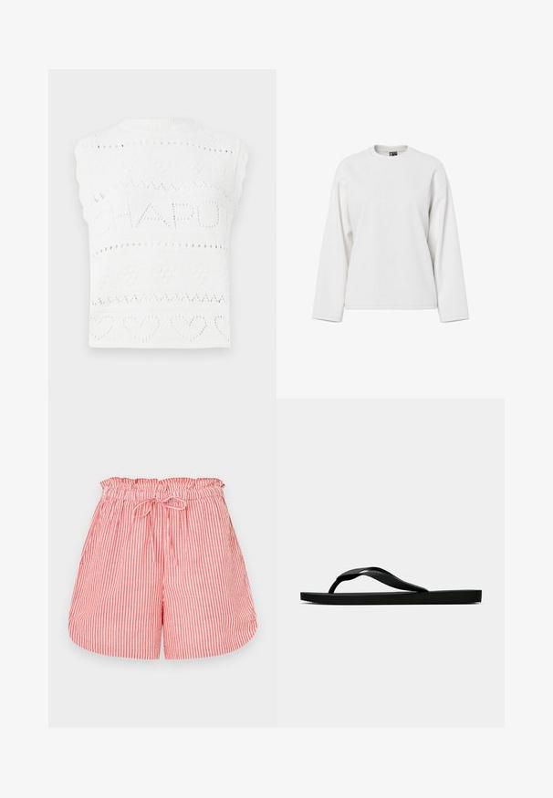 White knitted sleeveless top featuring a text pattern "CHAPOT" with heart and diamond motifs. The neckline is ribbed with a scalloped edge.; White long-sleeve sweatshirt featuring a round neckline, relaxed fit, and soft texture. No visible patterns or hardware details.; Red and white striped shorts with an elastic waistband and drawstring tie. Features a relaxed fit and a smooth texture.; Black rubber flip-flop sandal with a textured thong strap and simple flat sole, shown from side on a plain light background.