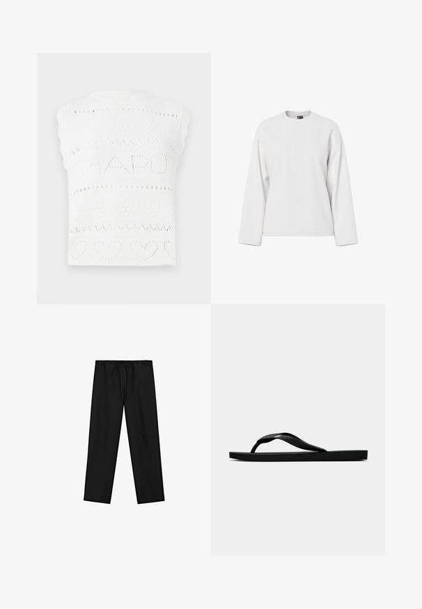 Top senza maniche in maglia bianca con un motivo testuale "CHAPOT" arricchito da motivi a forma di cuore e diamante. Il colletto è a coste con un bordo ondulato.; Felpa bianca a maniche lunghe con collo rotondo, vestibilità morbida e texture soffice. Nessun motivo visibile o dettagli hardware.; Pantaloni neri, in tessuto morbido, dalla vestibilità ampia con elastico in vita e cordoncino. Presentano due tasche laterali e una texture liscia. Design casual.; Infradito in gomma nera con cinturino testurizzato e suola piatta semplice, mostrati di lato su uno sfondo chiaro e uniforme.