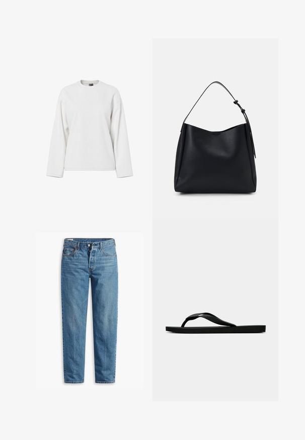 Baltas megztas be rankovių viršus su tekstiniu raštu "CHAPOT" ir širdies bei deimanto motyvais. Kaklo linija banguota, su užapvalintais kraštais.; Balta ilgomis rankovėmis džemperis su apvaliu iškirpimu, laisvu siluetu ir minkštu audiniu. Nėra matomų raštų ar aparatūros detalių.; Mėlyni džinsai su tiesia kirpimo forma, su užtrauktuku, dviem priekinių kišenių ir subtiliu blukimu visame audinyje.; Juodas gumos šlepetės tipo sandalai su tekstūruota dirželiu ir paprastu plokščiu padu, rodomi iš šono ant vientiso šviesaus fono.; Juodas odinis hobo krepšys su vienu peties dirželiu, lygia tekstūra, siaurėjančiu viršumi ir minimalizmo dizainu be matomų detalių.