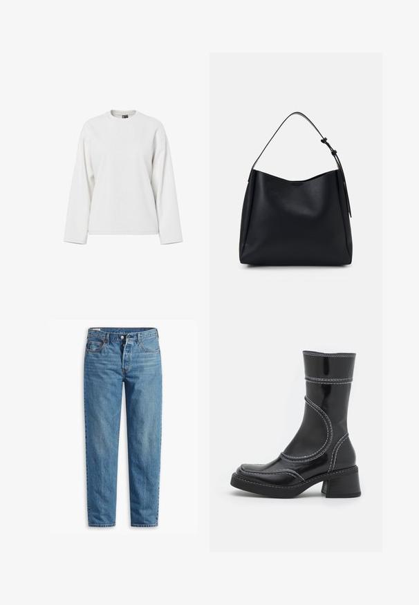 Weiße gestrickte ärmellose Bluse mit einem Textmuster "CHAPOT" und Herz- sowie diamantähnlichen Motiven. Der Halsausschnitt ist gerippt und hat einen gewellten Rand.; Weißes Sweatshirt mit langen Ärmeln, runder Ausschnitt, lockerer Passform und weicher Textur. Keine sichtbaren Muster oder Hardware-Details.; Blaue Jeans aus Denim mit geradem Schnitt, ausgestattet mit einem Reißverschluss, zwei vorderen Taschen und subtilen Verfärbungen im gesamten Stoff.; Schwarze Lackleder-Ankle Boots mit weißen Nähten, abgerundeter Zehe und Blockabsatz. Besitzt geschwungene Designlinien und eine glatte Textur.; Schwarze Leder-Hobo-Tasche mit einem einzigen Schulterriemen, glatter Textur, tapered Oberseite und minimalistischem Design ohne sichtbare Hardware.
