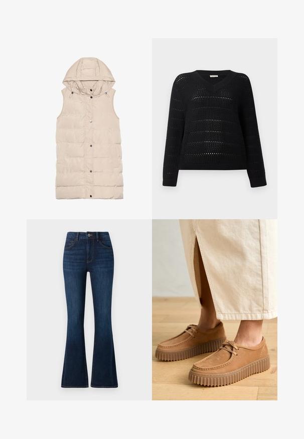 Beez mähkmed vest kapuutsiga, millel on lukuga ja näpuga kinnitamine, küljetaskud ja tekstuuriga kangas. Sile viimistlus.; TOM TAILOR DENIM V NECK - Džemper - deep black; TOM TAILOR STELLA tumesinine teksa; Kohvitan värvi nahast kingad, millel on tekstureeritud pind, ümar varvas ja paksud, soonilised tallad. Kinnised ja õmbluste detailid täiustavad disaini.