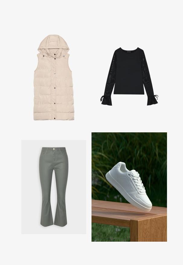 Beige gewatteerde vest met een capuchon, voorzien van een rits en drukknoopsluiting, zijzakken en een gemêleerd stofontwerp. Gladde afwerking.; Zwarte top met een solide lichaam en doorschijnende, uitlopende mouwen. Heeft strikaccenten bij de manchetten. Gemaakt van een gladde stof met een getailleerd ontwerp.; Grijze spijkerbroek met uitlopende pijpen, voorzakken, een knoopsluiting en een lichte glans. Soepele textuur met contrasterende stikdetails.; Witte sneaker met een gladde synthetische bovenkant, geperforeerde neus, platte veters en een gestructureerde zool, tentoongesteld op een houten oppervlak.