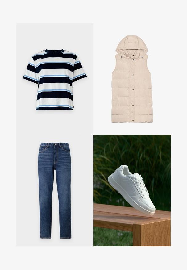 Bežová zateplená vesta s kapucňou, so zipsom a patentným zapínaním, bočnými vreckami a textúrovaným dizajnom látky. Hladký povrch.; Krátky rukáv tričko s horizontálnymi prúžkami v námořníckej, svetlo modrej a bielej farbe. Vyrobené z mäkkej bavlny, s okrúhlym výstrihom a voľným strihom.; Džínsy s vysokým pásom, modré, s rovnými nohavicami, ktoré majú jemné oprania, jednoprevodový zapínací gombík a dizajn s piatimi vreckami.; Biele tenisky s hladkým syntetickým zvrškom, perforovanou špičkou, plochými šnúrkami a textúrovanou podrážkou, vystavené na drevenej ploche.